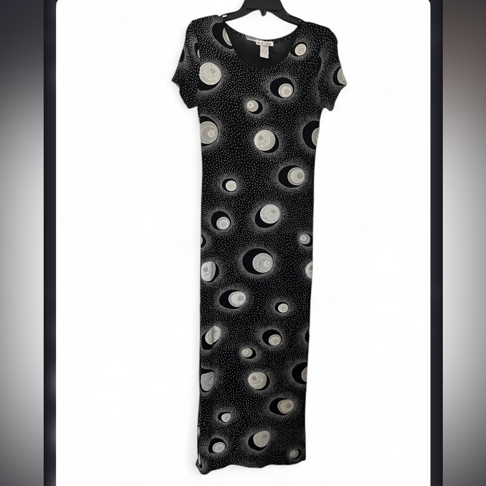 y2k black mesh maxi dress abstract dot celestial moon print bodycon 90s grunge M